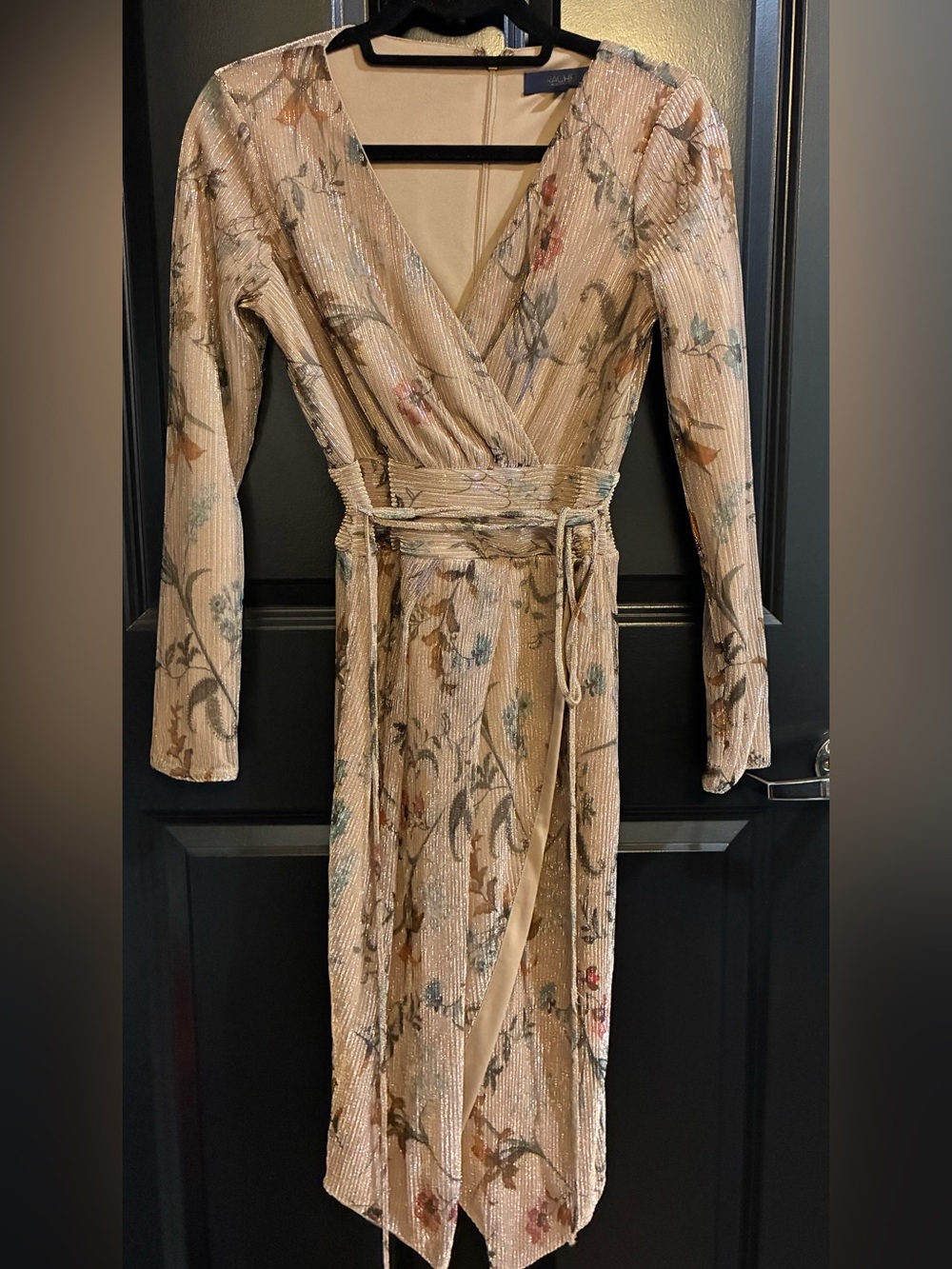 Gently Worn Metallic Rachel Roy Floral Wrap Midi Dress in Beige. SZ small